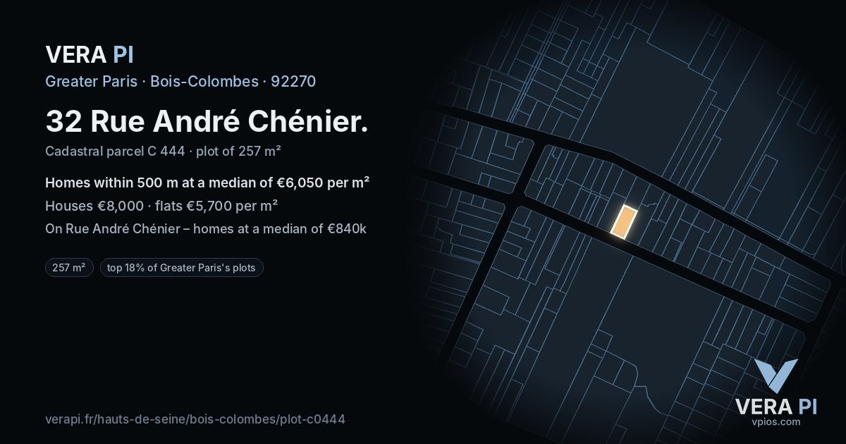 32 Rue André Chénier, Bois-Colombes at night – the plot lit, the parcels around coloured by the prices near them