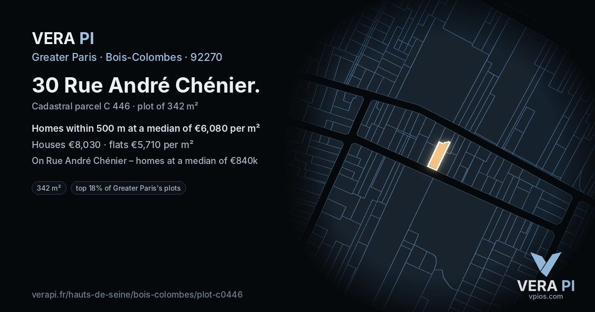 30 Rue André Chénier, Bois-Colombes at night – the plot lit, the parcels around coloured by the prices near them