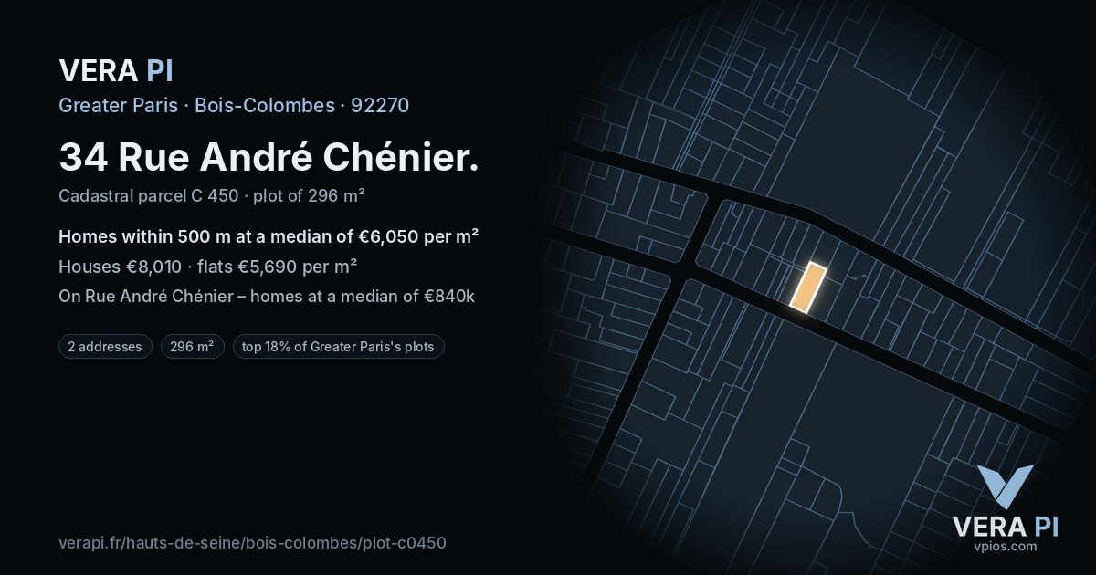 34 Rue André Chénier, Bois-Colombes at night – the plot lit, the parcels around coloured by the prices near them
