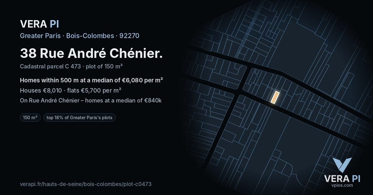 38 Rue André Chénier, Bois-Colombes at night – the plot lit, the parcels around coloured by the prices near them