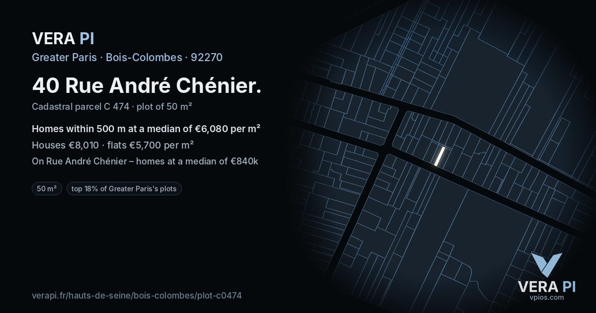 40 Rue André Chénier, Bois-Colombes at night – the plot lit, the parcels around coloured by the prices near them