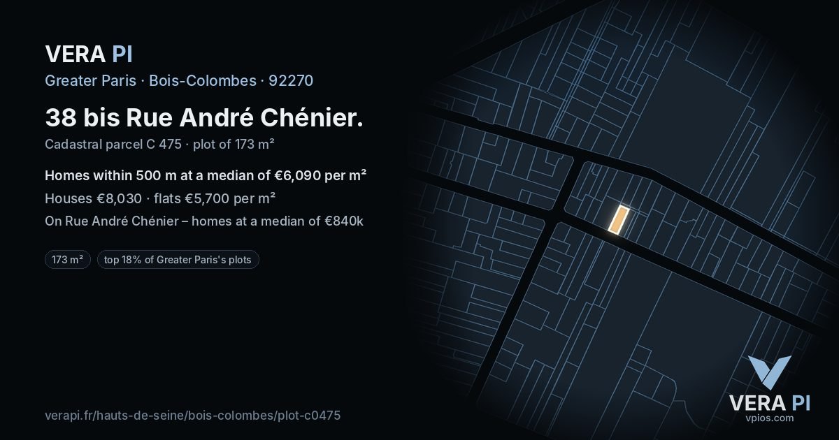 38 bis Rue André Chénier, Bois-Colombes at night – the plot lit, the parcels around coloured by the prices near them