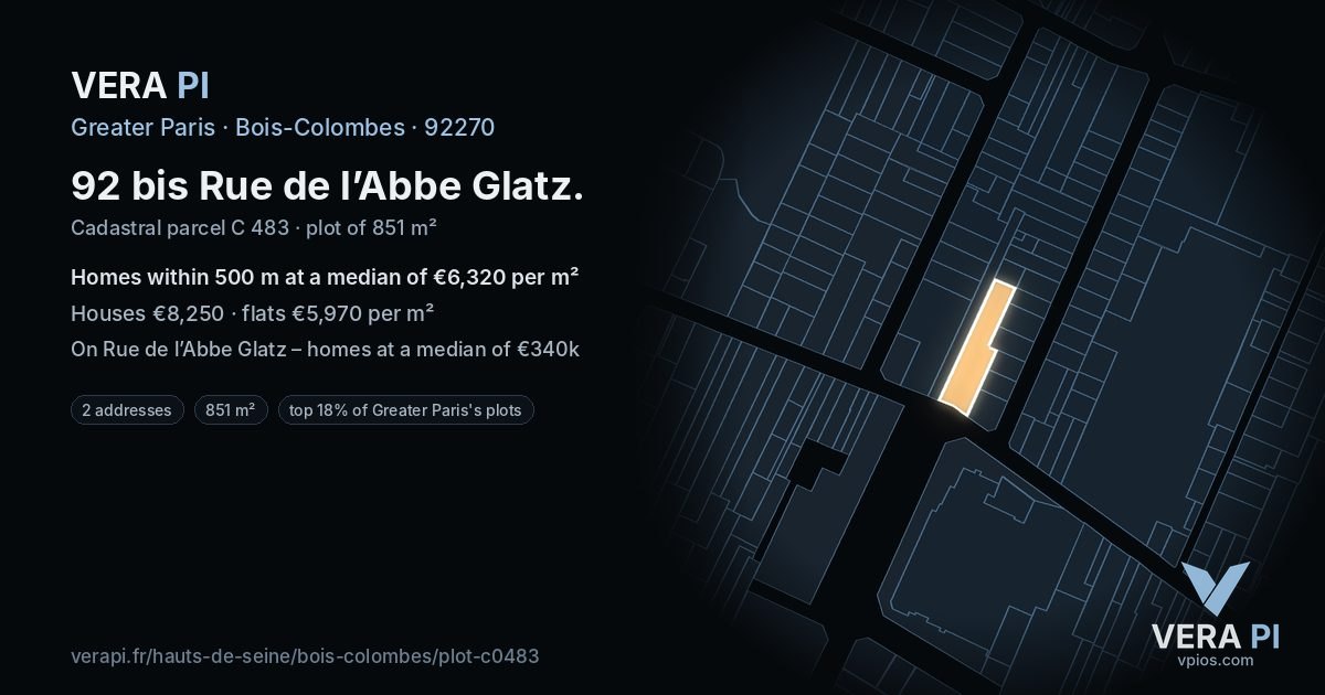 92 bis Rue de l’Abbe Glatz, Bois-Colombes at night – the plot lit, the parcels around coloured by the prices near them