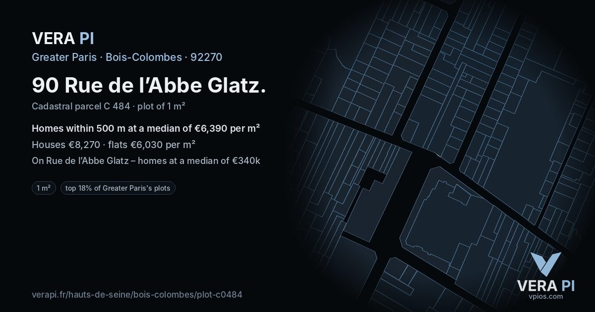 90 Rue de l’Abbe Glatz, Bois-Colombes at night – the plot lit, the parcels around coloured by the prices near them
