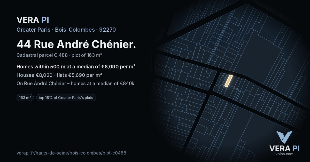 44 Rue André Chénier, Bois-Colombes at night – the plot lit, the parcels around coloured by the prices near them