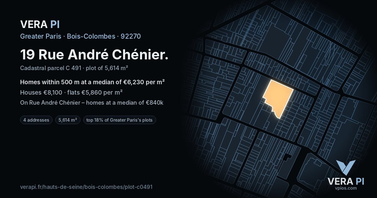 19 Rue André Chénier, Bois-Colombes at night – the plot lit, the parcels around coloured by the prices near them