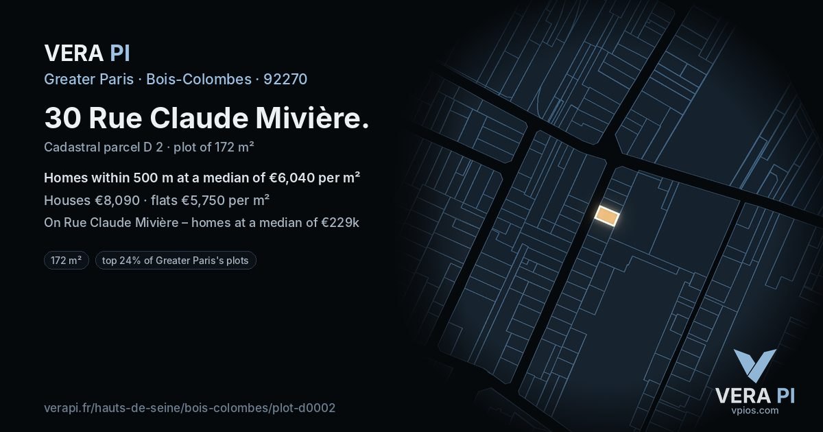 30 Rue Claude Mivière, Bois-Colombes at night – the plot lit, the parcels around coloured by the prices near them