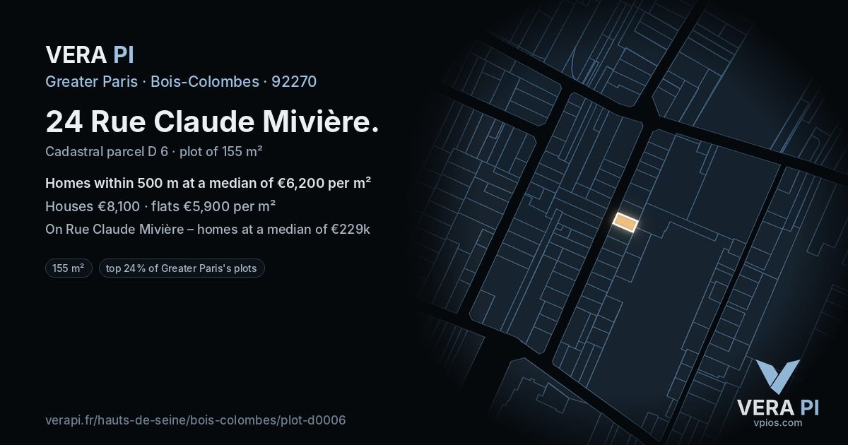 24 Rue Claude Mivière, Bois-Colombes at night – the plot lit, the parcels around coloured by the prices near them