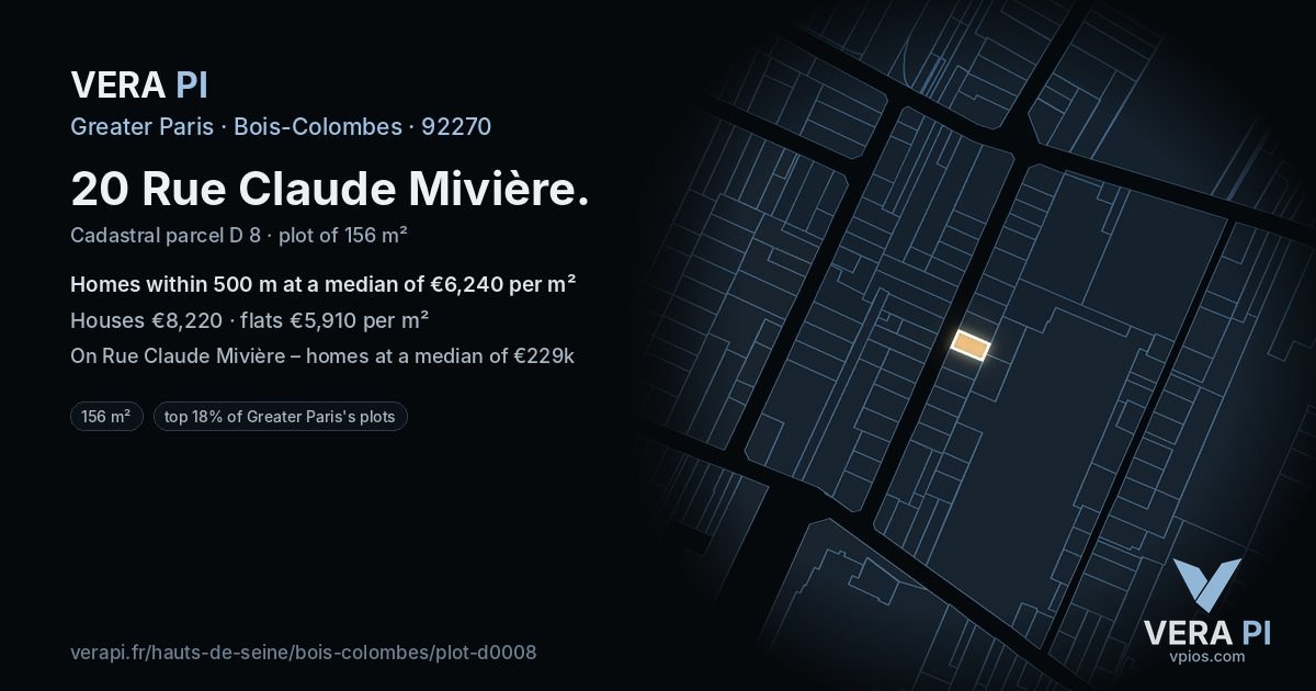 20 Rue Claude Mivière, Bois-Colombes at night – the plot lit, the parcels around coloured by the prices near them
