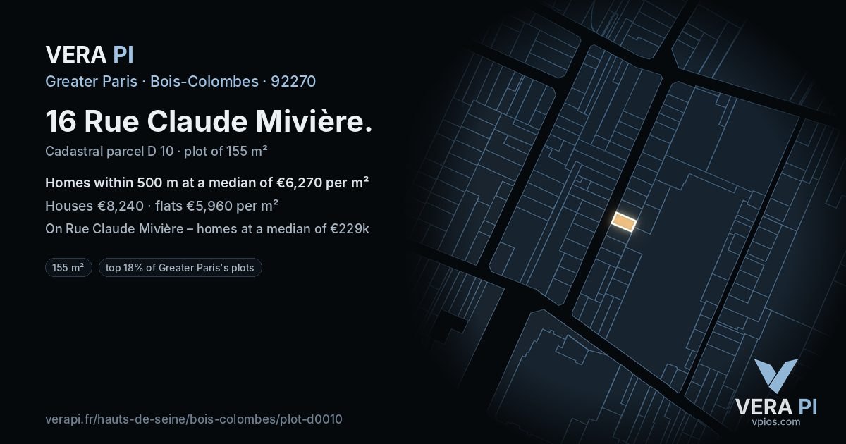 16 Rue Claude Mivière, Bois-Colombes at night – the plot lit, the parcels around coloured by the prices near them