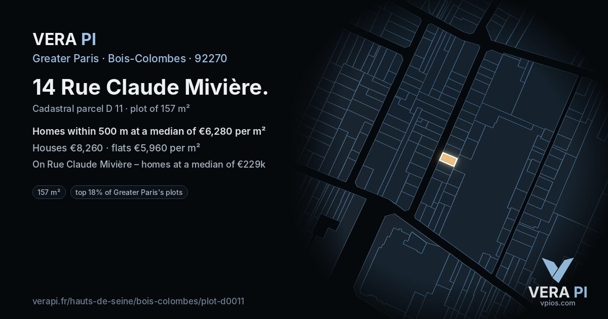 14 Rue Claude Mivière, Bois-Colombes at night – the plot lit, the parcels around coloured by the prices near them