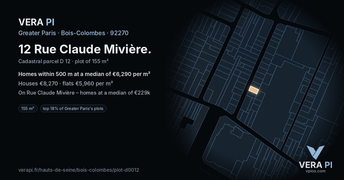 12 Rue Claude Mivière, Bois-Colombes at night – the plot lit, the parcels around coloured by the prices near them