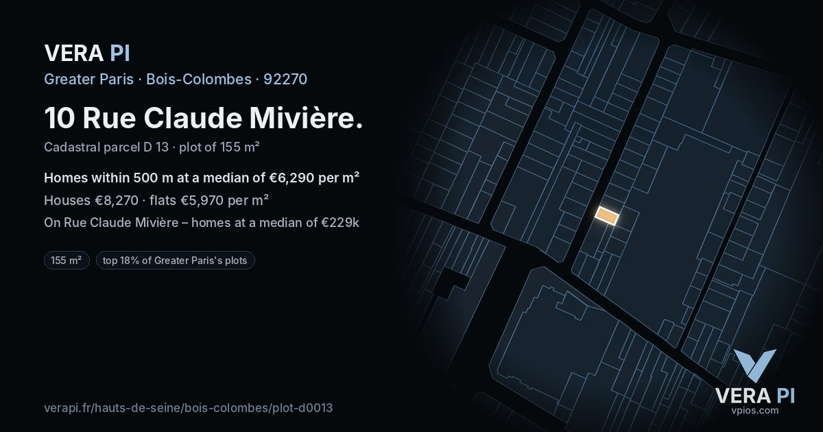 10 Rue Claude Mivière, Bois-Colombes at night – the plot lit, the parcels around coloured by the prices near them