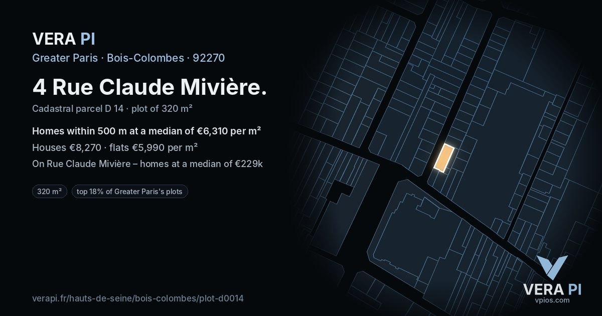 4 Rue Claude Mivière, Bois-Colombes at night – the plot lit, the parcels around coloured by the prices near them