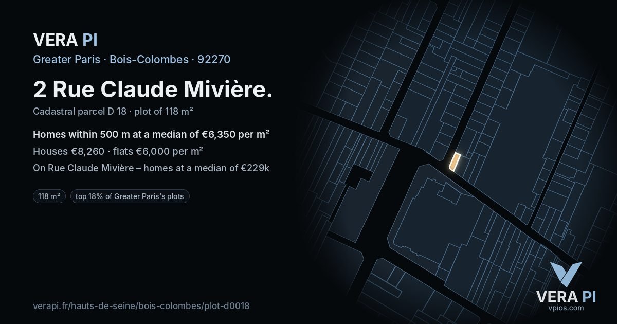 2 Rue Claude Mivière, Bois-Colombes at night – the plot lit, the parcels around coloured by the prices near them
