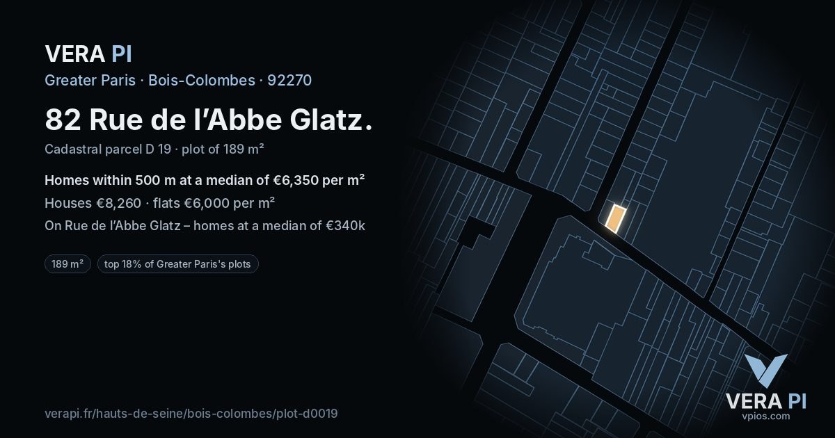 82 Rue de l’Abbe Glatz, Bois-Colombes at night – the plot lit, the parcels around coloured by the prices near them