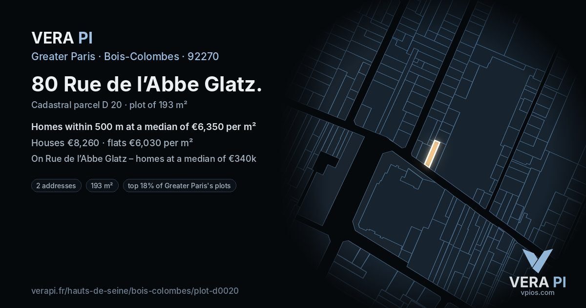 80 Rue de l’Abbe Glatz, Bois-Colombes at night – the plot lit, the parcels around coloured by the prices near them