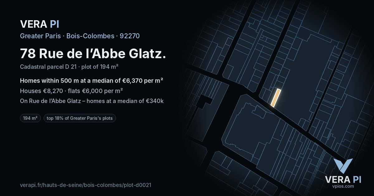 78 Rue de l’Abbe Glatz, Bois-Colombes at night – the plot lit, the parcels around coloured by the prices near them
