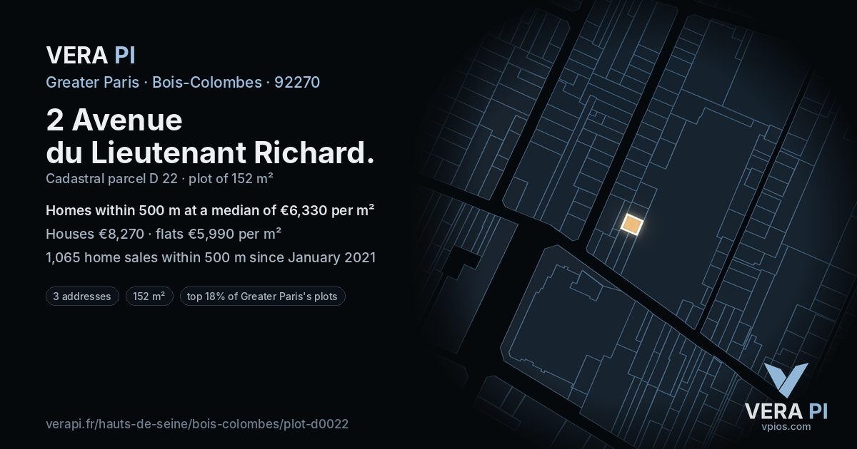 2 Avenue du Lieutenant Richard, Bois-Colombes at night – the plot lit, the parcels around coloured by the prices near them