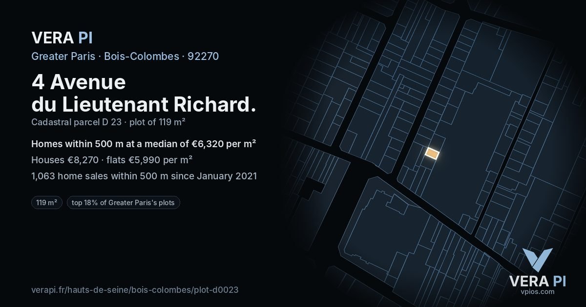 4 Avenue du Lieutenant Richard, Bois-Colombes at night – the plot lit, the parcels around coloured by the prices near them
