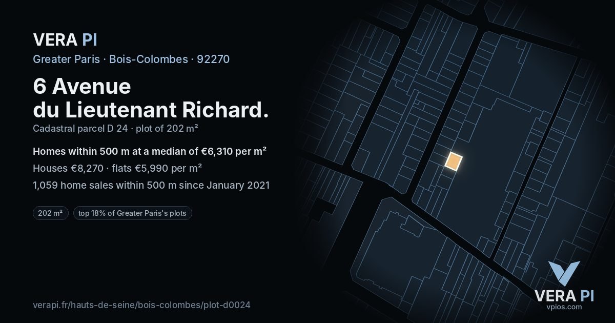 6 Avenue du Lieutenant Richard, Bois-Colombes at night – the plot lit, the parcels around coloured by the prices near them