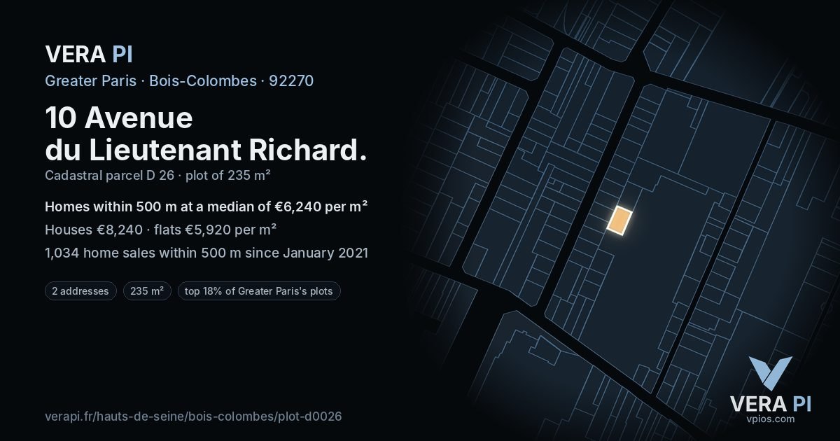 10 Avenue du Lieutenant Richard, Bois-Colombes at night – the plot lit, the parcels around coloured by the prices near them
