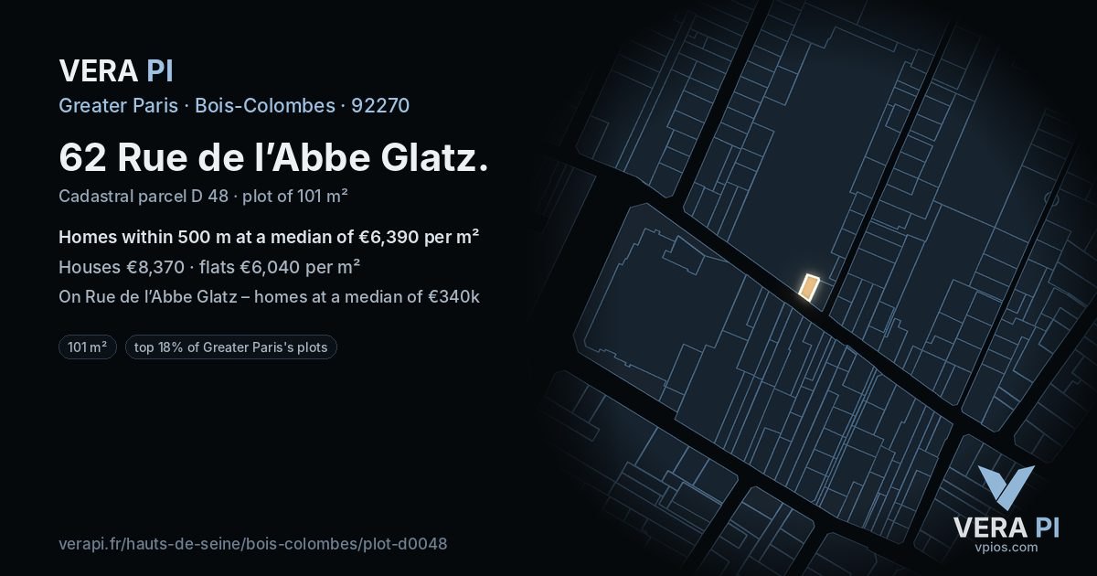 62 Rue de l’Abbe Glatz, Bois-Colombes at night – the plot lit, the parcels around coloured by the prices near them