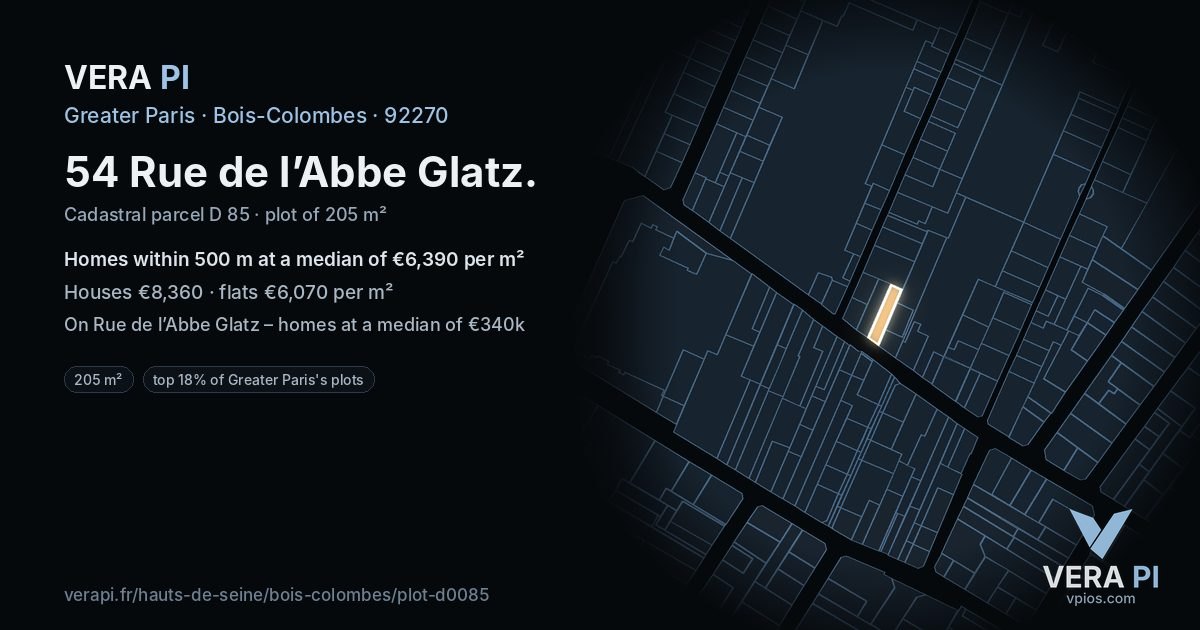 54 Rue de l’Abbe Glatz, Bois-Colombes at night – the plot lit, the parcels around coloured by the prices near them