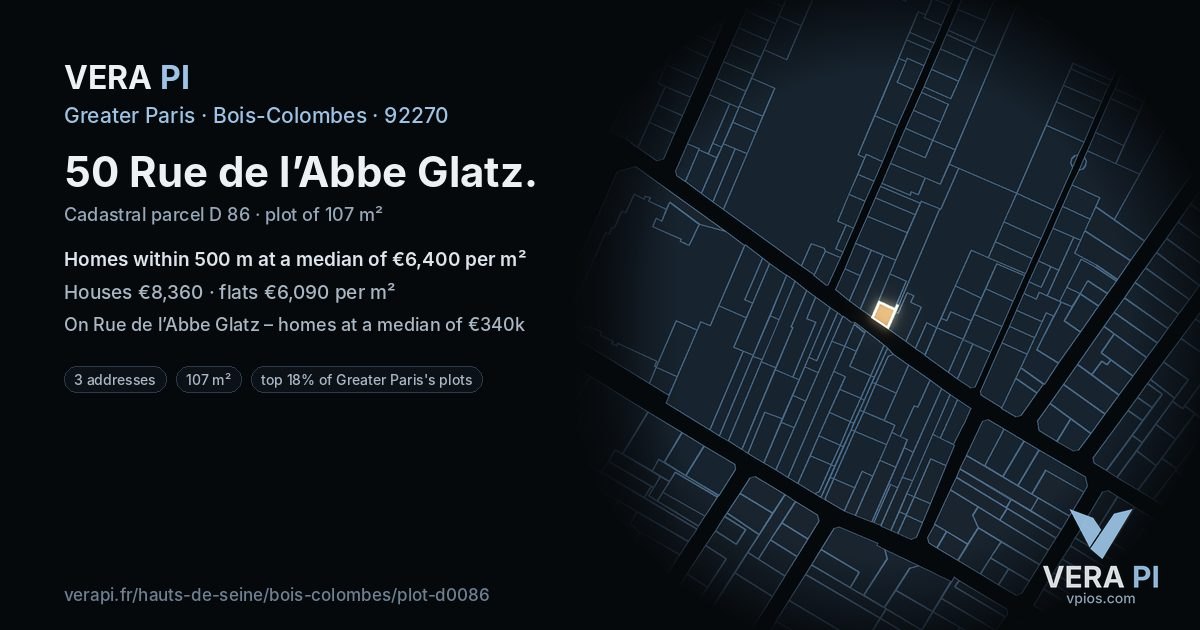 50 Rue de l’Abbe Glatz, Bois-Colombes at night – the plot lit, the parcels around coloured by the prices near them