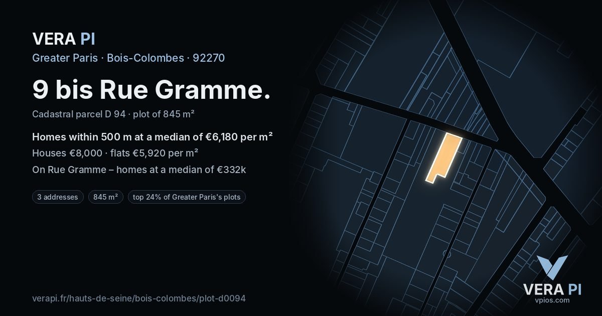 9 bis Rue Gramme, Bois-Colombes at night – the plot lit, the parcels around coloured by the prices near them