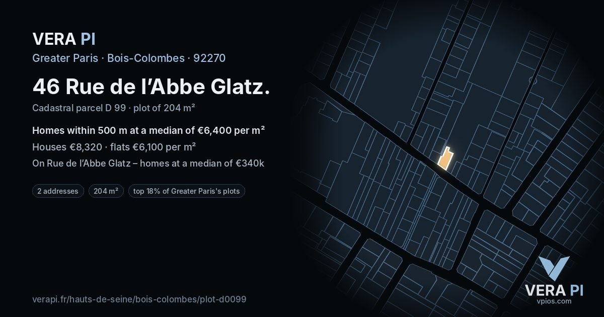 46 Rue de l’Abbe Glatz, Bois-Colombes at night – the plot lit, the parcels around coloured by the prices near them
