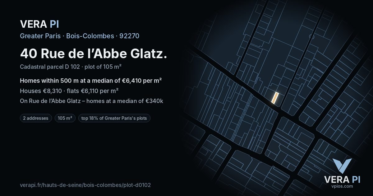 40 Rue de l’Abbe Glatz, Bois-Colombes at night – the plot lit, the parcels around coloured by the prices near them