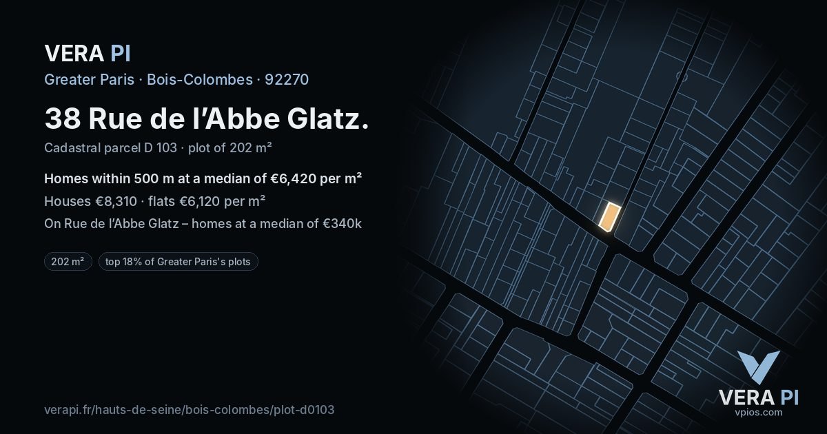 38 Rue de l’Abbe Glatz, Bois-Colombes at night – the plot lit, the parcels around coloured by the prices near them