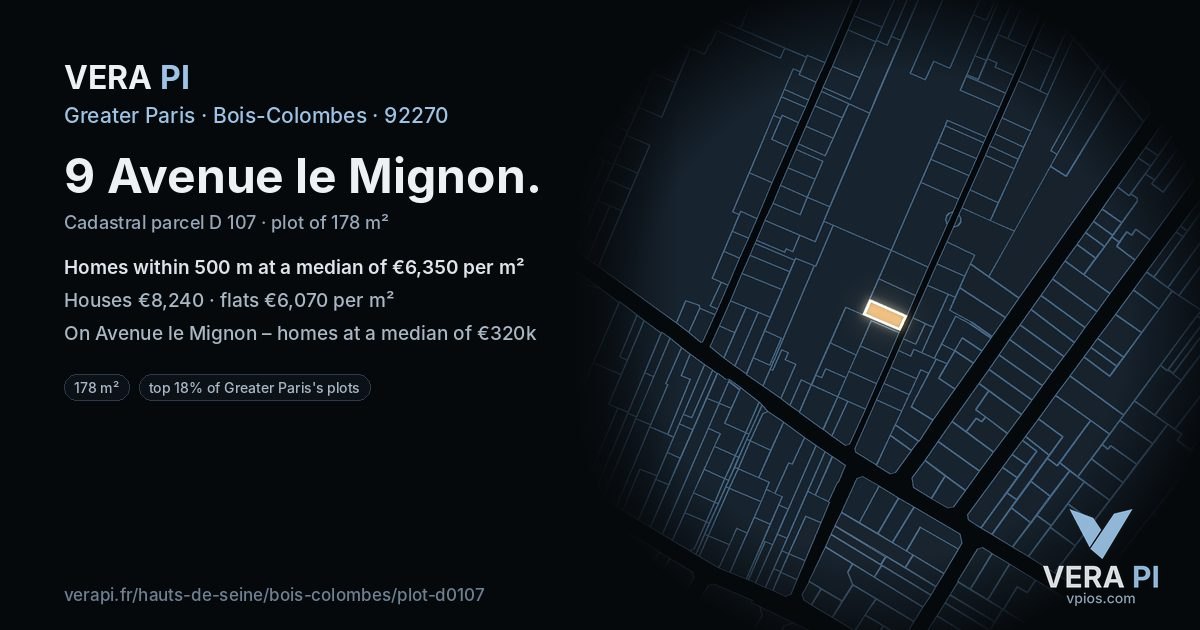 9 Avenue le Mignon, Bois-Colombes at night – the plot lit, the parcels around coloured by the prices near them