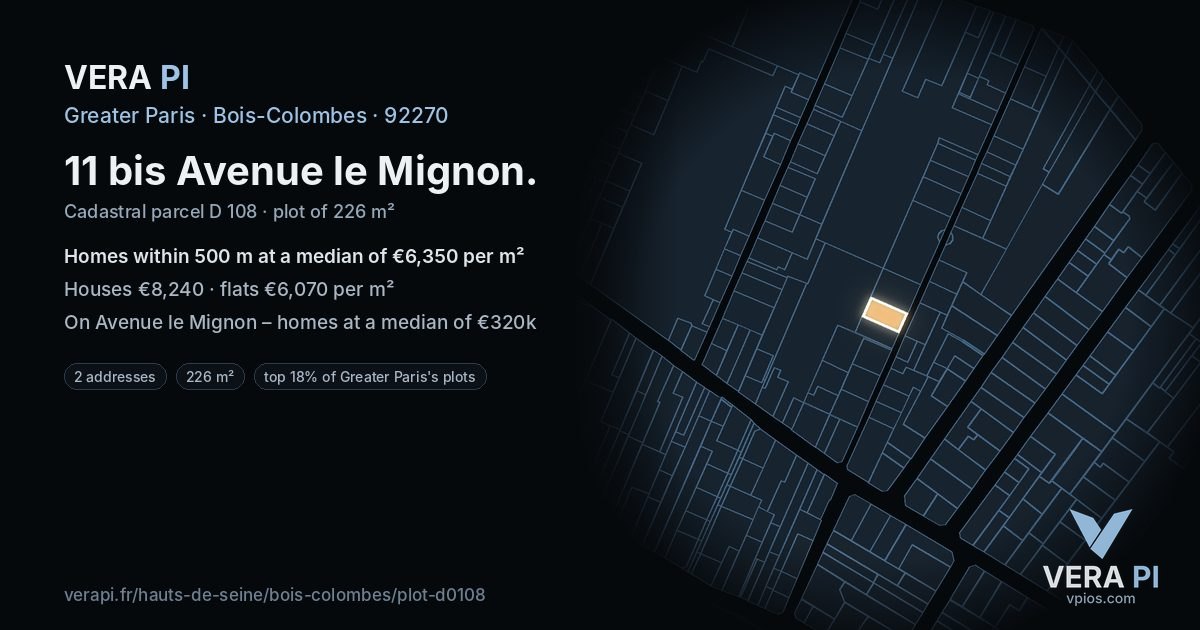 11 bis Avenue le Mignon, Bois-Colombes at night – the plot lit, the parcels around coloured by the prices near them