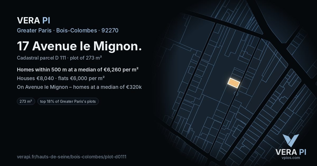 17 Avenue le Mignon, Bois-Colombes at night – the plot lit, the parcels around coloured by the prices near them