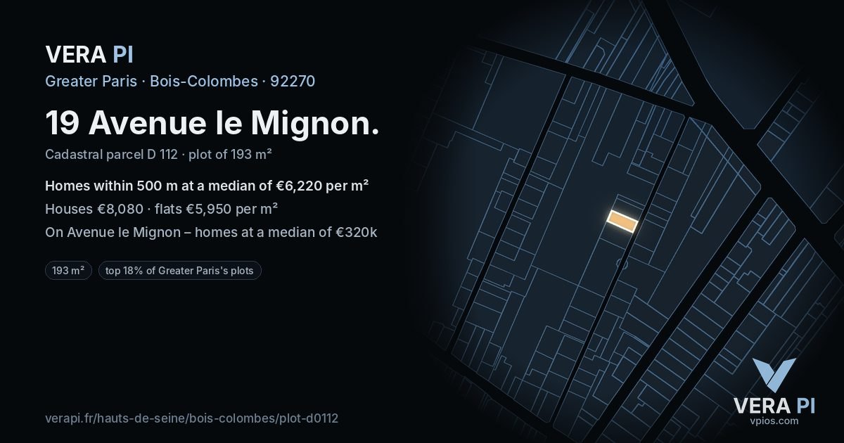 19 Avenue le Mignon, Bois-Colombes at night – the plot lit, the parcels around coloured by the prices near them