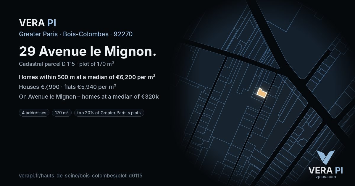 29 Avenue le Mignon, Bois-Colombes at night – the plot lit, the parcels around coloured by the prices near them