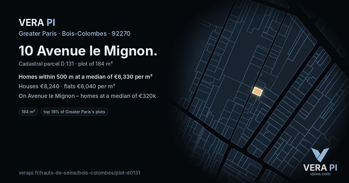 10 Avenue le Mignon, Bois-Colombes at night – the plot lit, the parcels around coloured by the prices near them