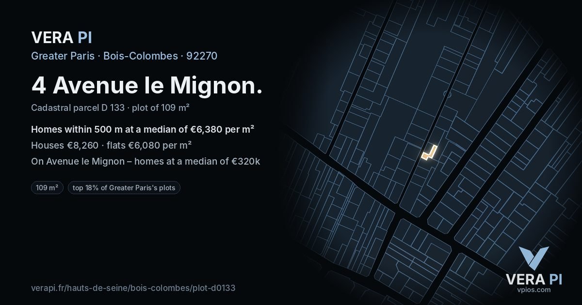 4 Avenue le Mignon, Bois-Colombes at night – the plot lit, the parcels around coloured by the prices near them