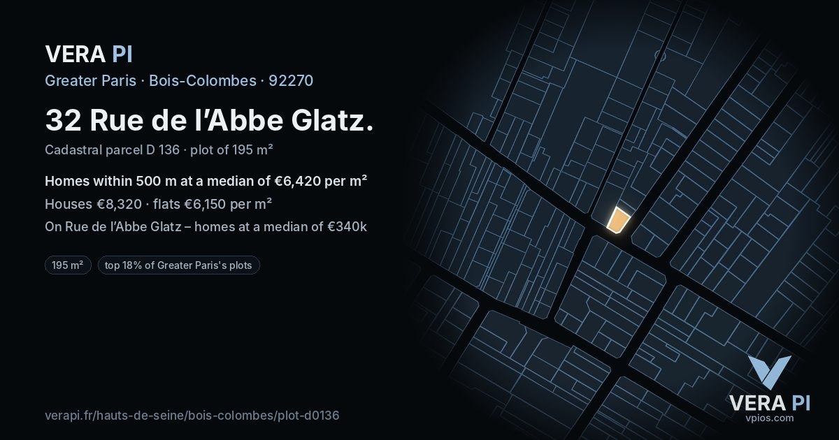 32 Rue de l’Abbe Glatz, Bois-Colombes at night – the plot lit, the parcels around coloured by the prices near them