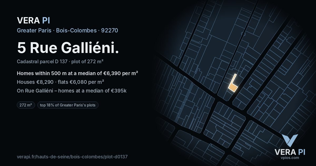 5 Rue Galliéni, Bois-Colombes at night – the plot lit, the parcels around coloured by the prices near them