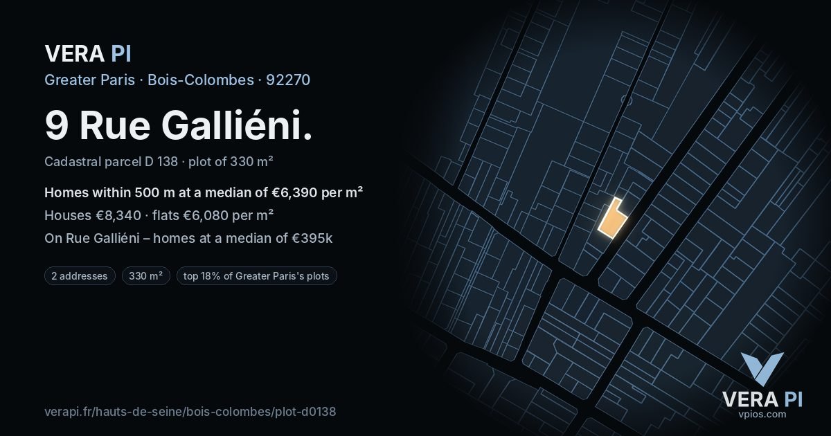 9 Rue Galliéni, Bois-Colombes at night – the plot lit, the parcels around coloured by the prices near them