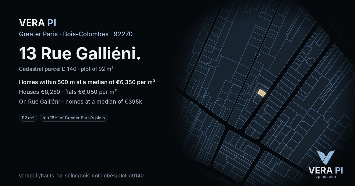 13 Rue Galliéni, Bois-Colombes at night – the plot lit, the parcels around coloured by the prices near them