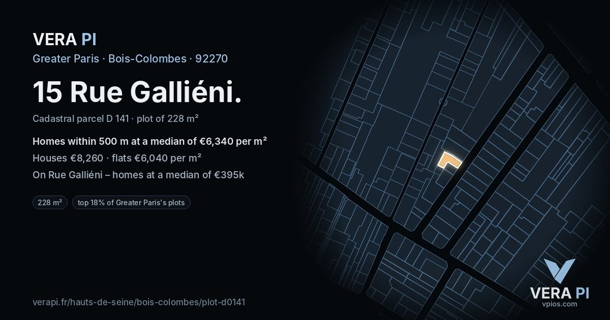 15 Rue Galliéni, Bois-Colombes at night – the plot lit, the parcels around coloured by the prices near them