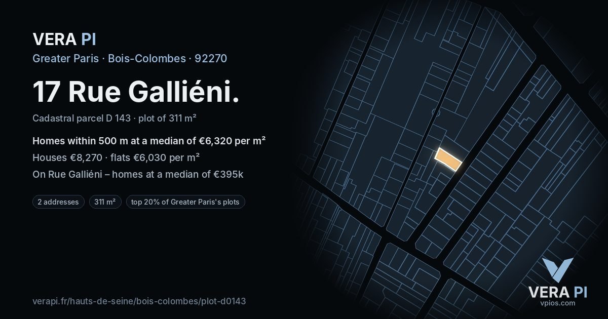 17 Rue Galliéni, Bois-Colombes at night – the plot lit, the parcels around coloured by the prices near them