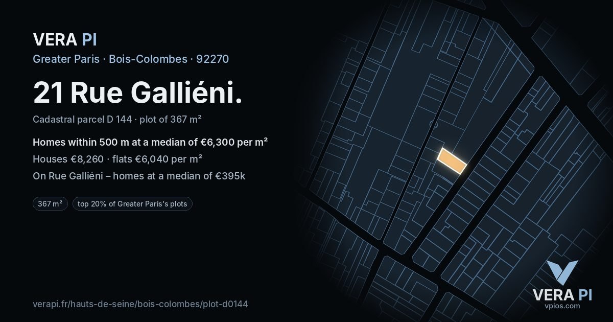 21 Rue Galliéni, Bois-Colombes at night – the plot lit, the parcels around coloured by the prices near them
