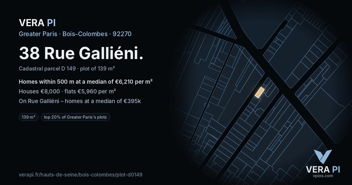38 Rue Galliéni, Bois-Colombes at night – the plot lit, the parcels around coloured by the prices near them