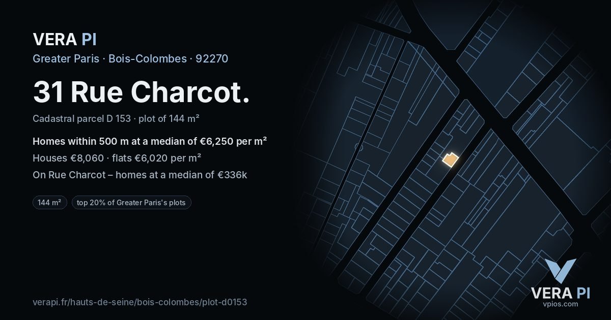 31 Rue Charcot, Bois-Colombes at night – the plot lit, the parcels around coloured by the prices near them