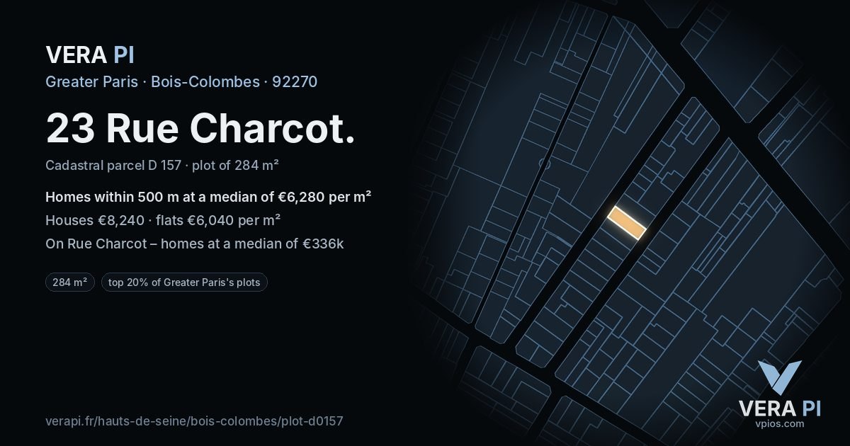 23 Rue Charcot, Bois-Colombes at night – the plot lit, the parcels around coloured by the prices near them